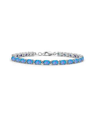 Simple Strand Created Blue Opal Tennis Bracelet For Women .925 Sterling Silver October Birthstone 7-7.5 Inch