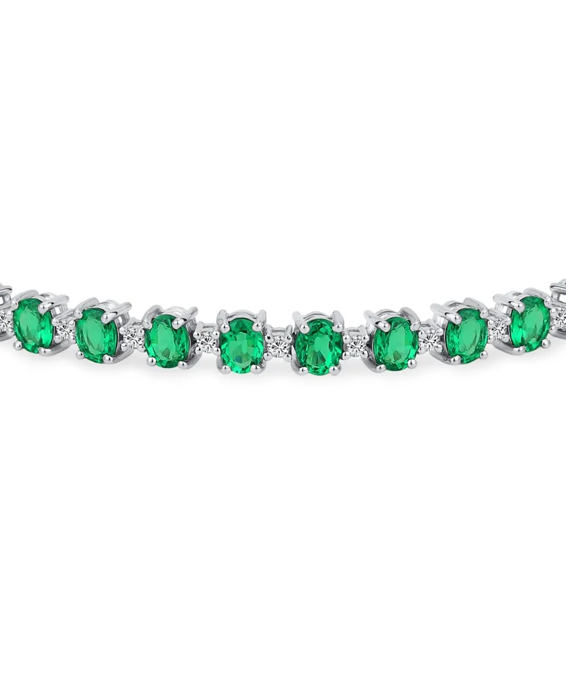 Simple Strand Alternating Created Green Emerald & Zircon Tennis Bracelet For Women .925 Sterling Silver May Birthstone 7.25 Inch