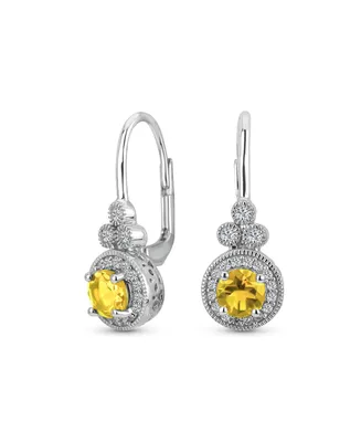Classic Bridal Art Deco Style Created Yellow Topaz Halo Circle Circlet Rosette Solitaire Drop Earrings for Women .925 Sterling Silver