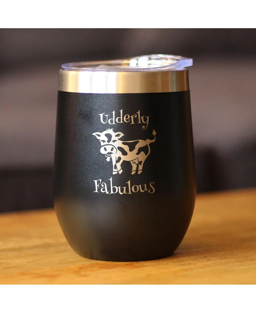 Udderly Fabulous - Cow Wine Tumbler with Sliding Lid - Stemless Stainless Steel Insulated Cup - Funny Outdoor Camping Mug - Purple