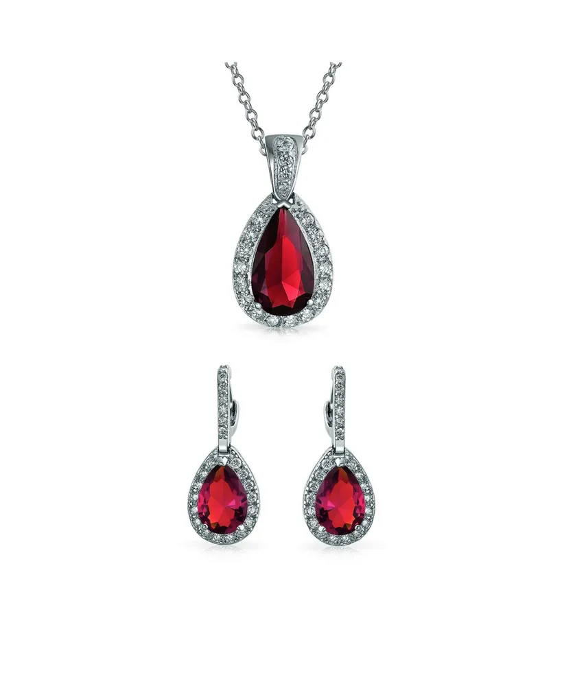 Bling Jewelry Classic Fashion Pear Shape Solitaire Teardrop Halo Cz Red Pendant Necklace Matching Drop Earrings Jewelry Set For Women Rhodium Plated