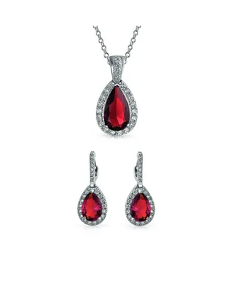 Bling Jewelry Classic Fashion Bridal Pear Shape Solitaire Teardrop Halo Aaa Cz Red Pendant Necklace Matching Drop Earrings Jewelry Set For Women Rhodi