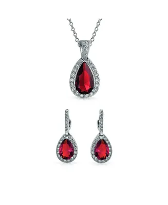 Bling Jewelry Classic Fashion Bridal Pear Shape Solitaire Teardrop Halo Cz Red Pendant Necklace Matching Drop Earrings Jewelry Set For Women Rhodium P