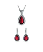 Bling Jewelry Classic Fashion Pear Shape Solitaire Teardrop Halo Cz Red Pendant Necklace Matching Drop Earrings Jewelry Set For Women Rhodium Plated