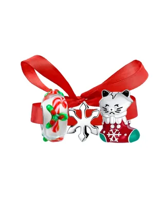 Bling Jewelry Christmas Holiday Set of 3 Fun Animal Pet Kitten in Stocking Cat Snowflake Candy Cane Charm Bead Enamel Sterling Silver Fits European Br