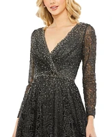 Women's Embellished Illusion Long Sleeve V Neck Gown