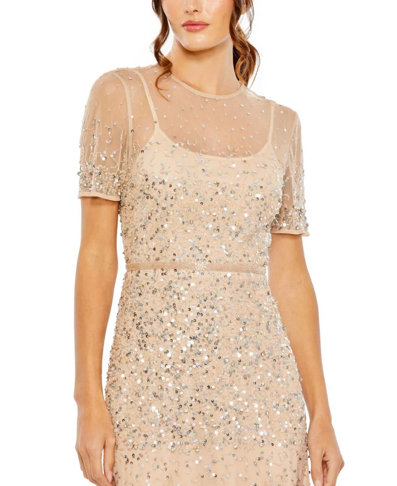 Women's High Neck Short Sleeve Sequin Embellished Gown