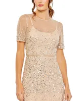 Women's High Neck Short Sleeve Sequin Embellished Gown