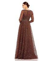 Women's Embellished Illusion Long Sleeve V Neck Gown