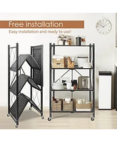 4-Tier Foldable Storage Shelving Unit, Heavy Duty Metal Shelf, Kitchen Shelf with 3 Hooks