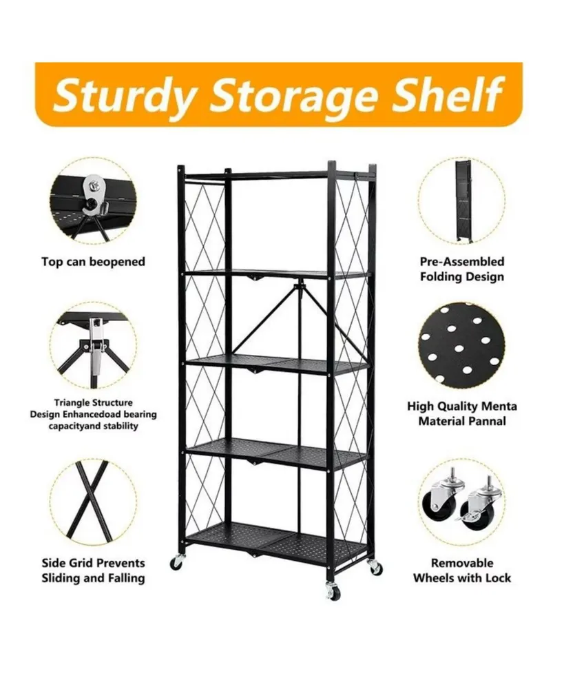 5-Tier Foldable Storage Shelving Unit, Heavy Duty Metal Shelf, Kitchen Shelf with 3 Hooks