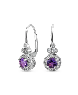 Classic Bridal Art Deco Style Purple Amethyst Halo Circle Circlet Rosette Solitaire Drop Earrings for Women .925 Sterling Silver