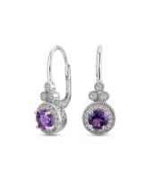 Bling Jewelry Classic Art Deco Style Purple Synthetic Amethyst Halo Circle Circlet Rosette Solitaire Drop Earrings For Women Sterling Silver