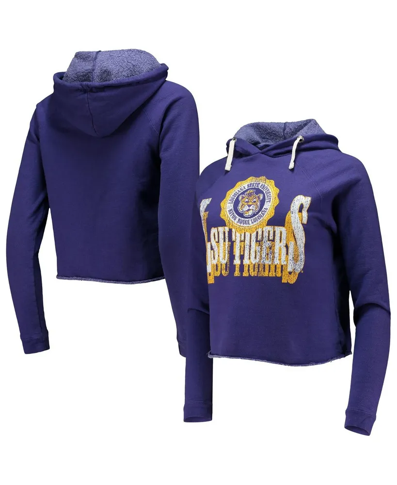 Women's Original Retro Brand Purple Distressed Lsu Tigers Vault Vintage-Like Cropped Pullover Raglan Hoodie