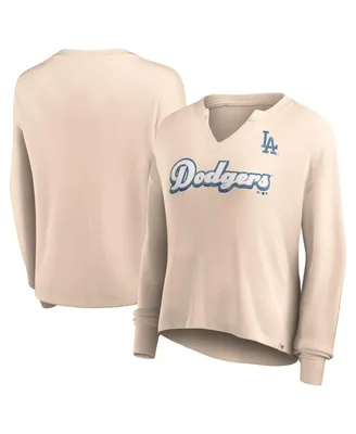 Women's Fanatics Cream Distressed Los Angeles Dodgers Go For It Waffle Knit Long Sleeve Notch Neck T-shirt