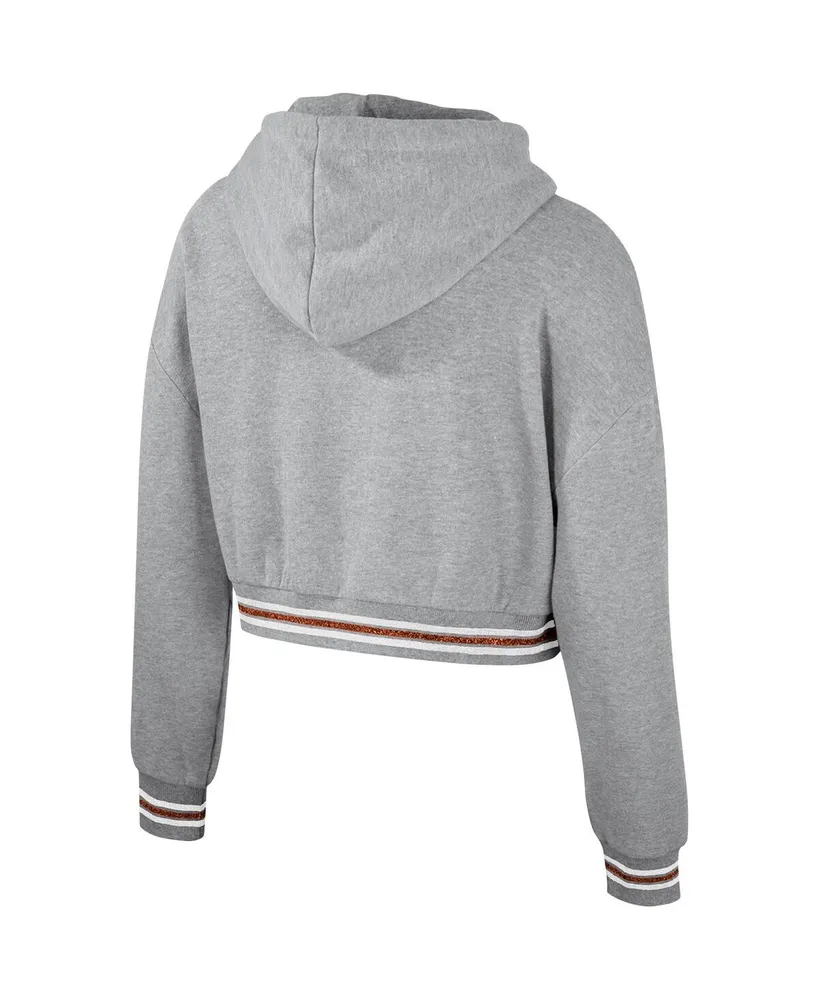 Women's The Wild Collective Heather Gray Distressed Texas Longhorns Cropped Shimmer Pullover Hoodie