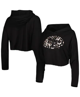 Women's Majestic Threads Black San Francisco 49ers Leopard Cropped Pullover Hoodie