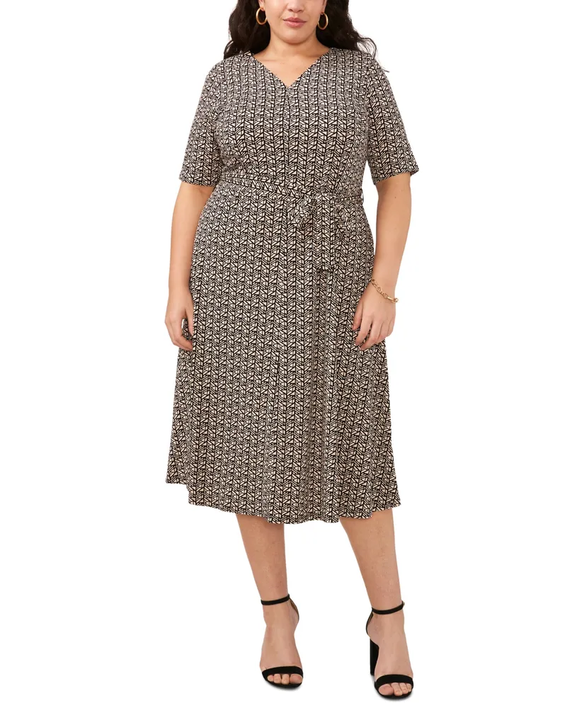 Msk Plus Size Printed V-Neck Elbow-Sleeve Midi Dress