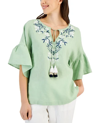 Charter Club Women's 100% Linen Embroidered Peasant Top, Created for Macy's