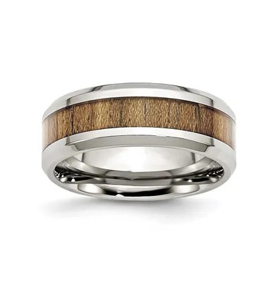 Chisel Stainless Steel Polished Koa Wood Inlay Enameled 8mm Band Ring