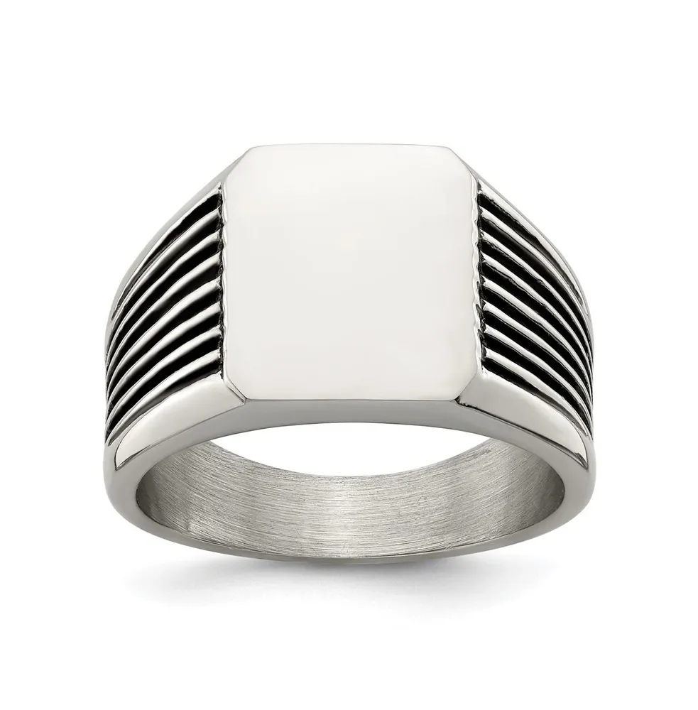 Chisel Stainless Steel Polished with Black Enamel Signet Ring