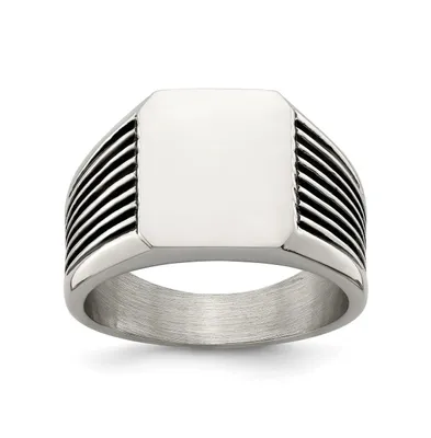 Chisel Stainless Steel Polished with Black Enamel Signet Ring