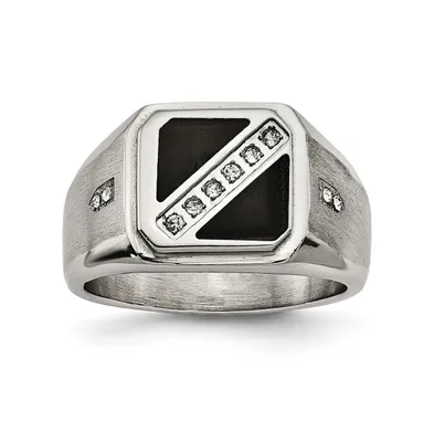 Chisel Stainless Steel Brushed and Polished with Black Enamel Cz Ring