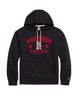 Men's League Collegiate Wear Black Distressed Wisconsin Badgers Bendy Arch Essential Pullover Hoodie