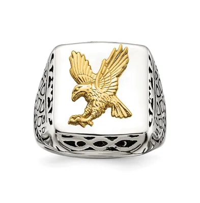 Chisel Stainless Steel 14k Gold Accent Antiqued Polished Eagle Ring