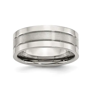 Chisel Stainless Steel Polished Satin Center 8mm Grooved Band Ring