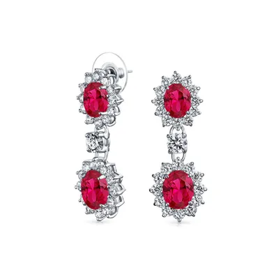 Bling Jewelry Art Deco Style Crown Halo Oval Cubic Zirconia Red Cz Fashion Formal Dangle Drop Earrings For smaid Rhodium Plated