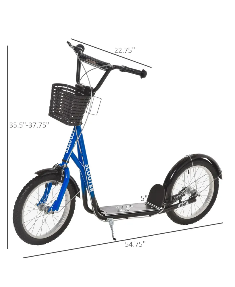 Aosom Youth Scooter, Kick Scooter with Adjustable Handlebars, Double Brakes, 16" Inflatable Rubber Tires, Basket, Cupholder, Blue