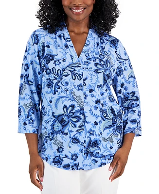 Jm Collection Plus Floral-Print Front-Pleat Top, Created for Macy's