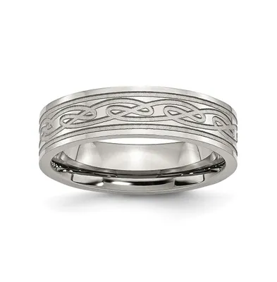 Chisel Stainless Steel Brushed Celtic Laser Etched 6mm Flat Band Ring