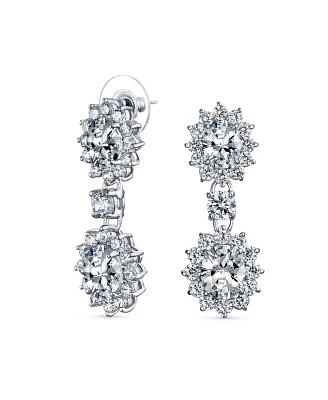 Bling Jewelry Art Deco Style Crown Halo Oval Cubic Zirconia Clear Cz Fashion Formal Dangle Drop Earrings Prom Rhodium Plated