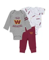 Newborn and Infant Boys Girls Wear by Erin Andrews Gray, Burgundy, White Washington Commanders Three-Piece Turn Me Around Bodysuits Pant Set