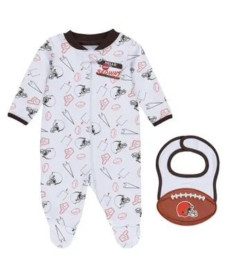 Newborn and Infant Boys and Girls Wear by Erin Andrews White Cleveland Browns Sleep and Play Full-Zip Sleeper and Bib Set