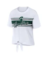 Women's Wear by Erin Andrews White Michigan State Spartans Striped Front Knot Cropped T-shirt