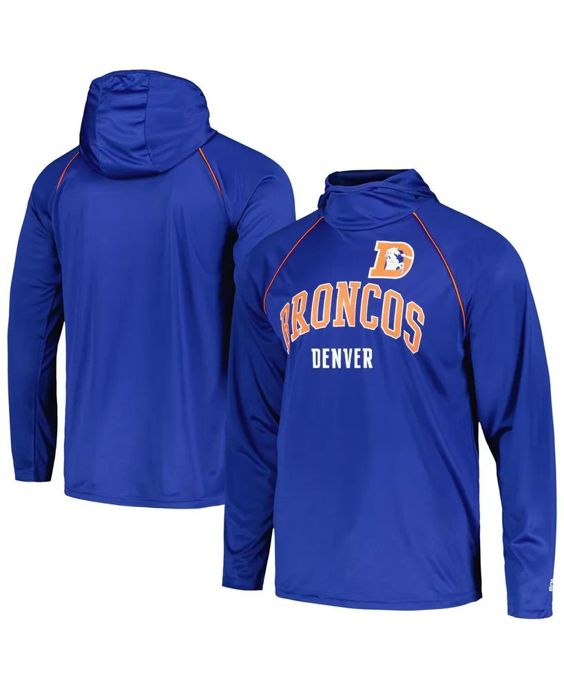 Men's Starter Royal Distressed Denver Broncos Gridiron Classics Throwback Raglan Long Sleeve Hooded T-shirt