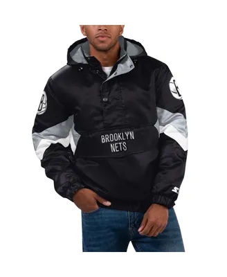 Men's Starter Black Brooklyn Nets Force Play Satin Hoodie Half-Zip Jacket