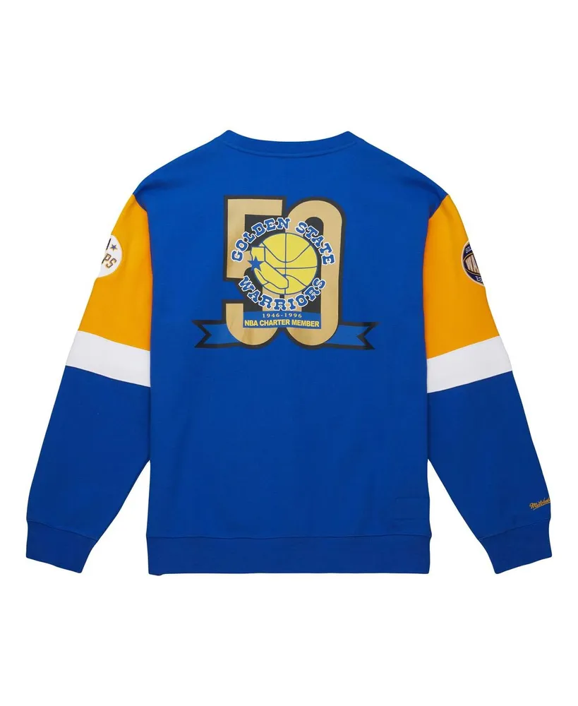 Men's Mitchell & Ness Royal Distressed Golden State Warriors Hardwood Classics Vintage-Like All Over 3.0 Pullover Sweatshirt