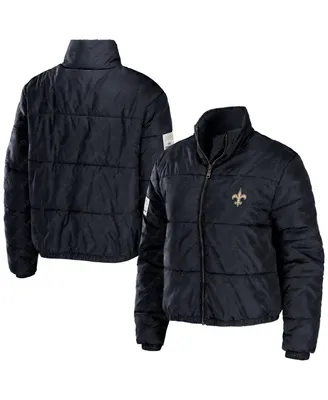Women's Wear by Erin Andrews Black New Orleans Saints Puffer Full-Zip Cropped Jacket