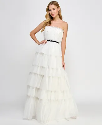 Say Yes Juniors' Tulle & Faux Pearl Tiered Ball Gown, Created for Macy's
