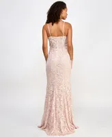 City Studios Juniors' Glitter Lace Bustier Gown with Appliques