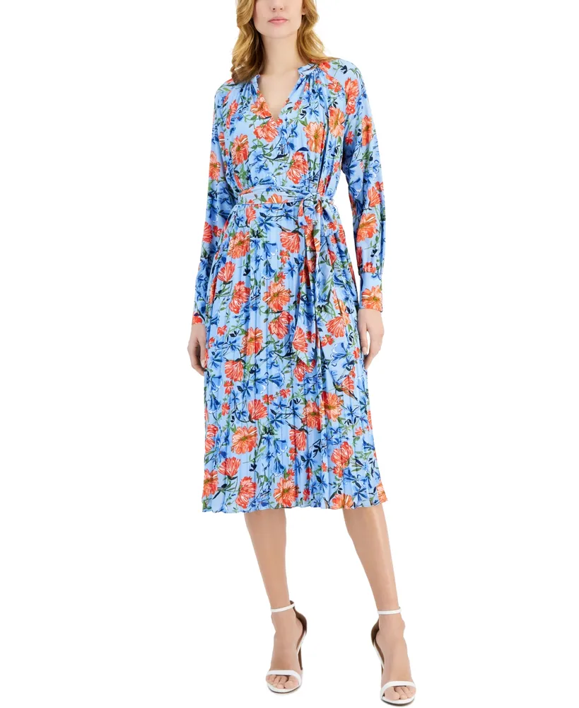 T Tahari Women's Floral-Print Tie-Waist Split-Neck Pleated Midi Dress