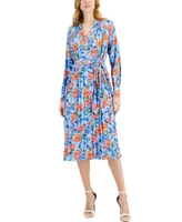 T Tahari Women's Floral-Print Tie-Waist Split-Neck Pleated Midi Dress