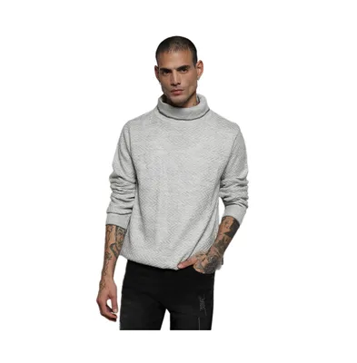 Campus Sutra Men's Light Grey Herringbone Textured Pullover Sweater