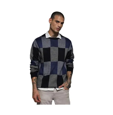 Campus Sutra Men's Blue Block Check Pullover Sweater