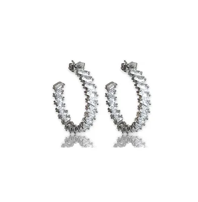 Crystal Hoop Earrings with Emerald Cut White Diamond Cubic Zirconia