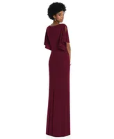 Dessy Collection Plus Faux Wrap Split Sleeve Maxi Dress with Cascade Skirt